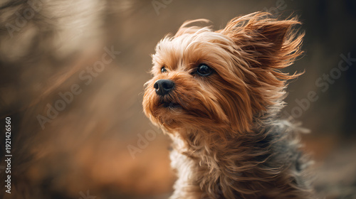 Closeup of a small dog with windblown fur