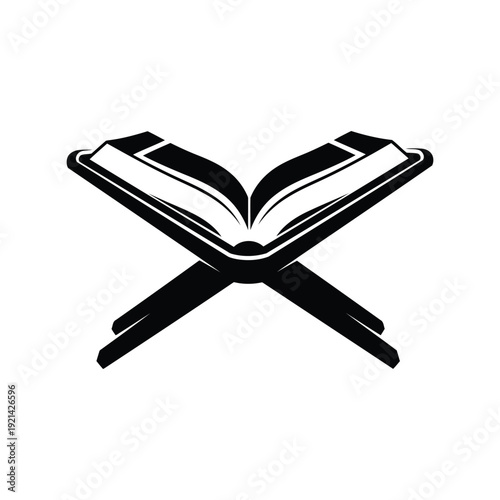 Quran on Rehal vector silhouette, Islamic holy book icon, black and white religious illustration