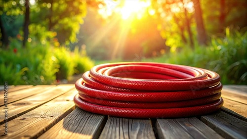 A coiled red garden hose sits on weathered wood, bright sunlight filters through foliage