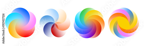 Colorful gradient swirl shapes. Abstract spiral flower logo, vibrant circular mesh blobs and geometric vortex forms. Dynamic liquid color spectrum, fluid rotation elements and rainbow round transition