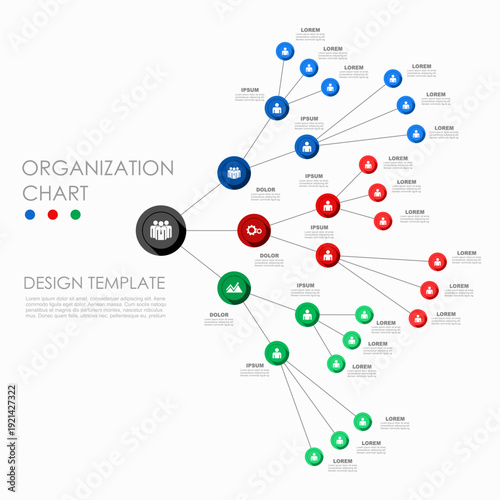 Hierarchical organization chart template with central leadership node branching into three departments. Vector illustration.