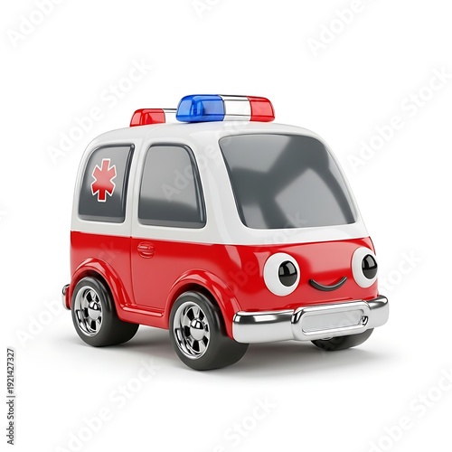Ambulance cartoon character, a cute red and white vehicle with smiling face and emergency lights, stands on a white background, perfect for healthcare and rescue themes.