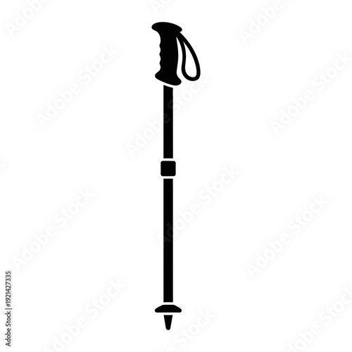 A black trekking pole with a wrist strap and a pointed tip