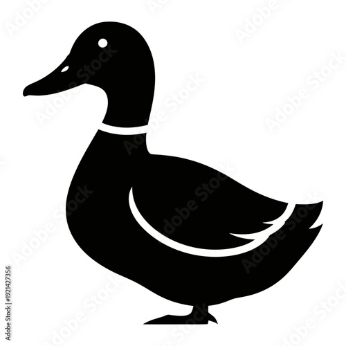 A black silhouette of a duck on a white background