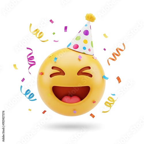Emoji wearing a colorful party hat and smiling broadly, surrounded by vibrant confetti and streamers, signifies joy and festive celebration.