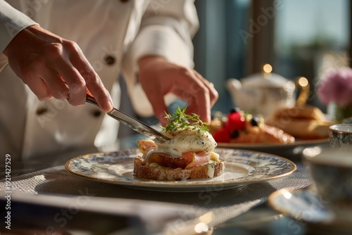 Elegant breakfast scene with hands cutting gourmet poached egg on toast, garnished with herbs, in sunlit luxury dining setting, evoking calm and sophisticated morning mood
