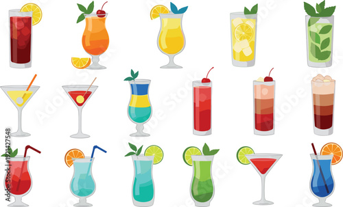 Professional flat vector illustration set of colorful cocktails and shots featuring diverse glassware, fruit garnishes, and refreshing summer drinks