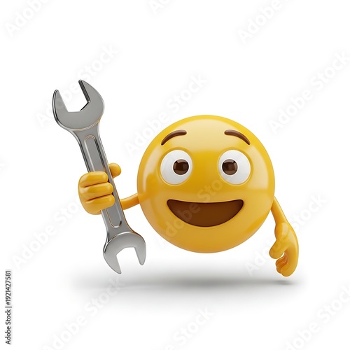 A cheerful yellow emoji character holds a metallic wrench ready for repair work on a white background.