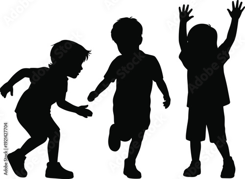 Kids silhouettes, children playing poses, happy childhood actions, playful boys and girls shadows, active toddler outlines