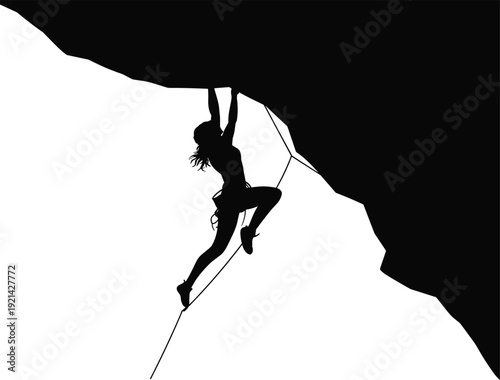 Rock climber silhouette hanging on cliff edge, woman climbing with rope isolated on white background adventure concept