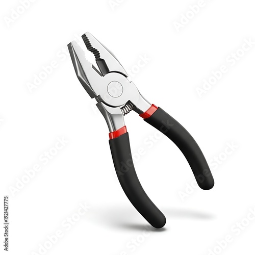 Combination pliers with silver metal jaws and black rubberized handles with red accents are digitally rendered, appearing to float against a clean white background.