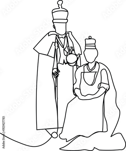 Continuous line king and queen drawing. Minimalist monarch icon.