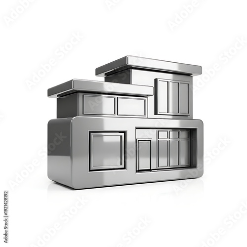 A stylized metal icon representing modern residential architecture floats isolated against a stark white background.