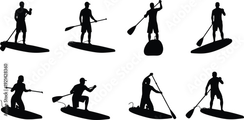 Collection, of, black, silhouettes, featuring, male, and, female, paddleboarders, on, water, for, summer, sports, outdoor, recreation, fitness, and, adventure.