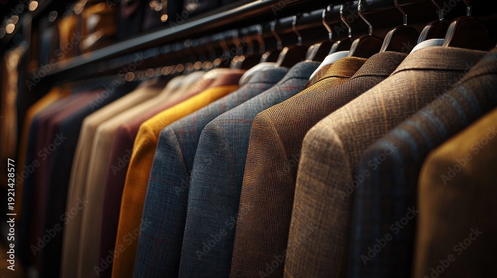 Obraz premium row of textured men's blazers and jackets on hangers in a warm boutique rack, elegant and inviting display