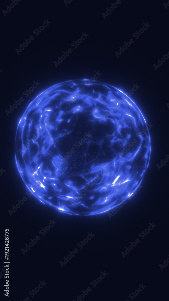Obraz premium Glowing blue plasma sphere on dark background with electric texture, suggesting futuristic energy, quantum science, and cosmic power