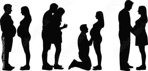 Pregnancy couple silhouettes, expecting parents moments, maternity love story, family bonding, emotional relationship, vector illustration set