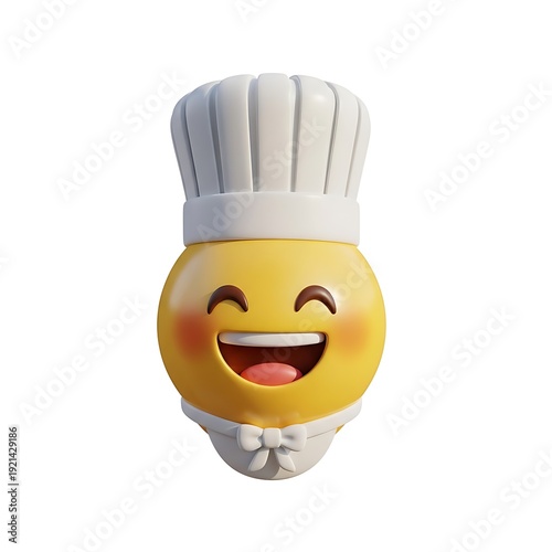 Cheerful emoji character dressed as a professional chef wearing a tall white toque and neckerchief symbolizes culinary expertise.