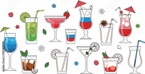 Professional vector illustration set of colorful tropical cocktails and shots featuring floral accents, umbrellas, and diverse garnishes