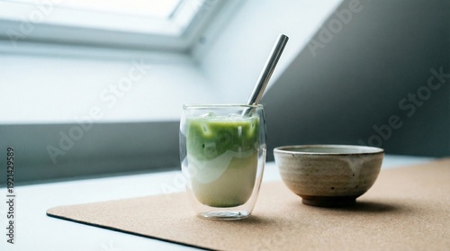 Iced matcha latte with a reusable metal straw on a sustainable cork mat in a bright minimalist interior for Earth Day