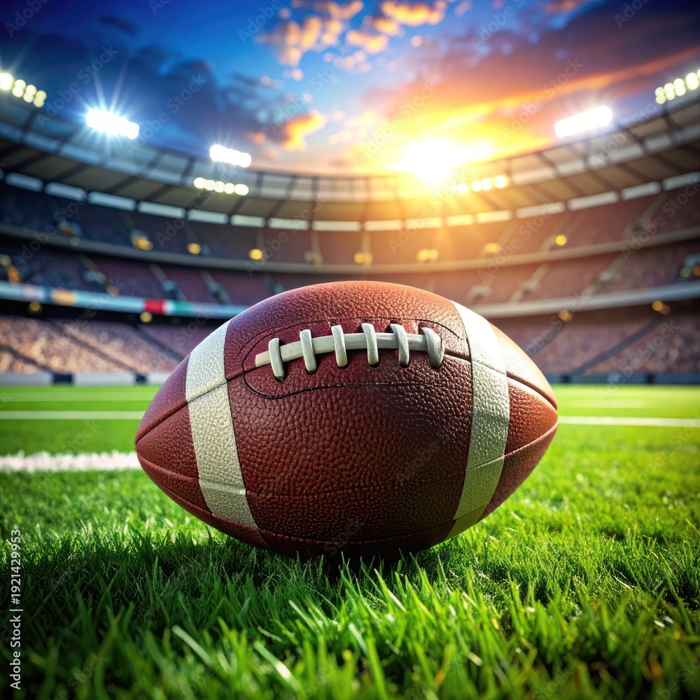 Obraz premium American Football on the Field at Sunset in Stadium