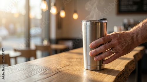 Person holding reusable stainless steel thermal tumbler with steaming coffee in a sunlit cafe for Earth Day and sustainable lifestyle