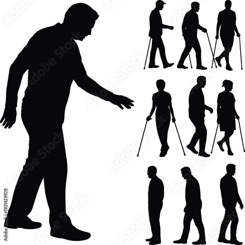 Senior people walking with cane silhouettes, elderly mobility assistance and aging healthcare concept isolated on white background illustration