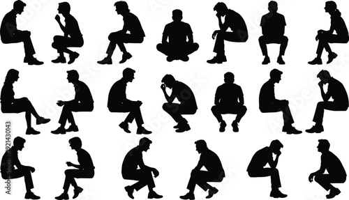 Collection, of, black, silhouettes, featuring, diverse, people, sitting, in, various, poses, for, casual, waiting, talking, relaxing, and, side, view, concepts.