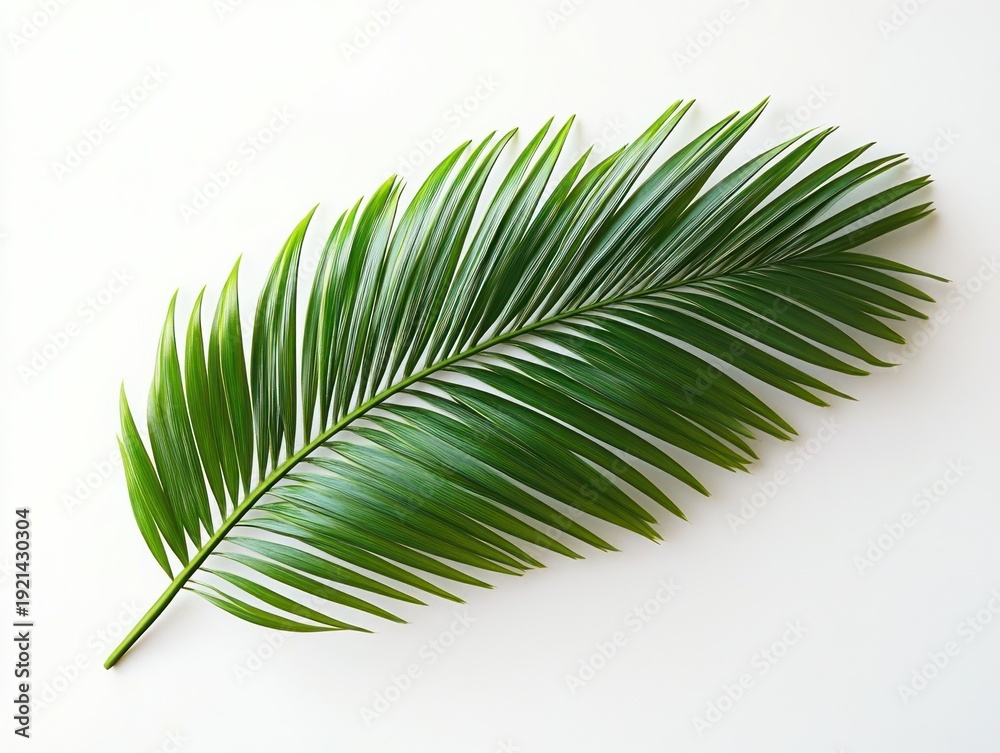 Fototapeta premium single vibrant green palm frond on a clean white background conveying calm minimalist serenity