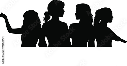 Women profile silhouettes group portrait, stylish female heads and shoulders isolated on white background fashion illustration collection