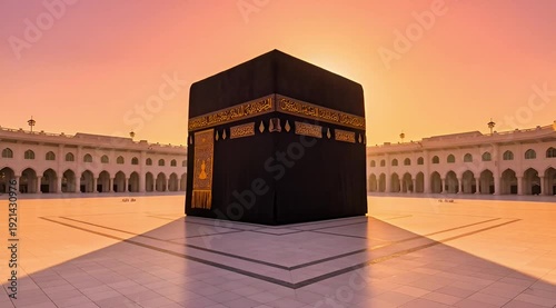 Holy Kaaba in Mecca Bathed in Golden Sunset Light at Masjid al-Haram Courtyard