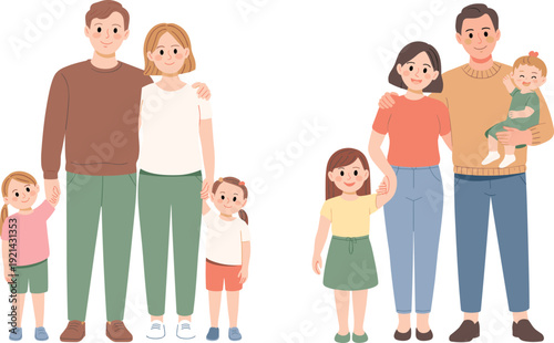 Cute cartoon happy families vector set multi-generational parents kids baby flat illustration white background