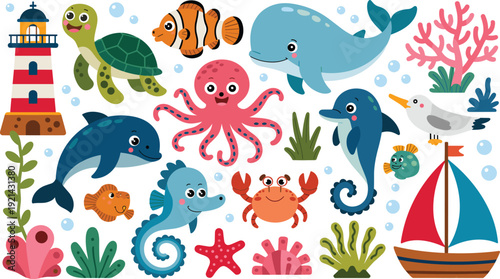 Cute cartoon sea creatures vector pack underwater animals flat illustration adorable ocean set white background
