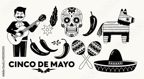 Cinco de Mayo Mexican Fiesta Elements: Guitarist, Skull, Pinata, Chili