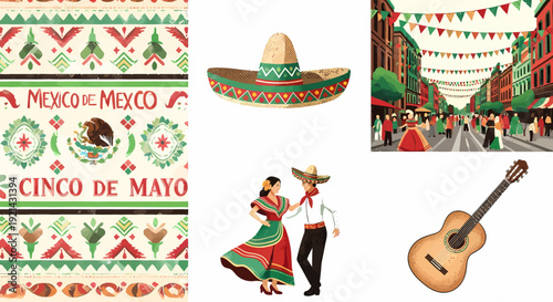 Cinco de Mayo Mexican Celebration Collage: Sombrero, Couple Dancing, Guitar, Festive Street