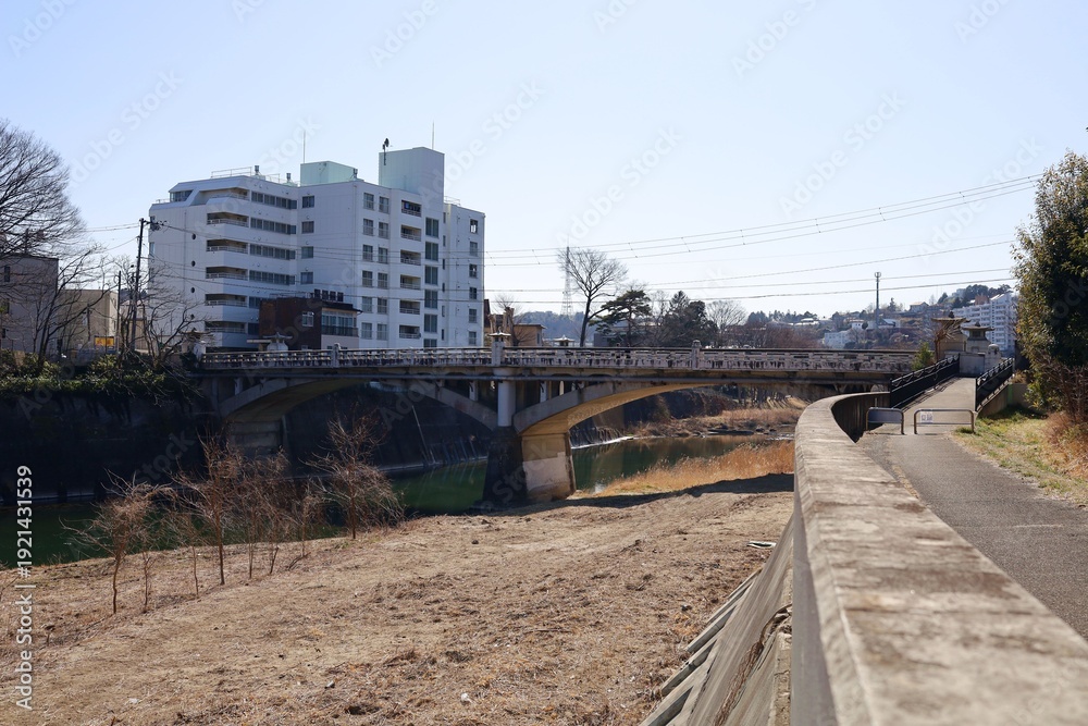 Fototapeta premium February 21, 2026. Aoba Ward, Sendai City, Japan.The scenery around Omiyabashi Bridge.