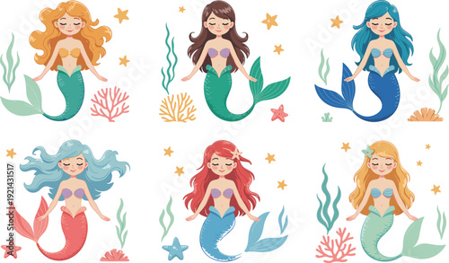 Cute cartoon mermaid vector set with magical underwater fantasy characters isolated illustration collection