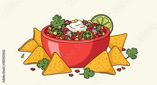Fresh Salsa Dip with Tortilla Chips and Lime - Mexican Food Illustration