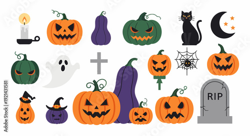 Halloween Icons Set: Pumpkins, Cat, Ghost, Candle, Tombstone