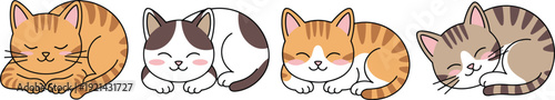 Cute sleeping cat cartoon vector set with curled kitten characters in peaceful resting poses illustration