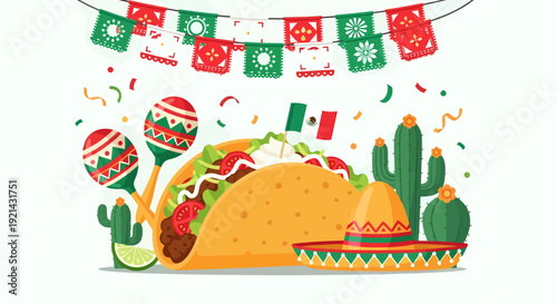 Mexican Fiesta: Taco, Maracas, Sombrero, Cactus & Flags - Celebration