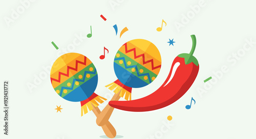 Mexican Maracas, Chili Pepper, Confetti, Music Notes - Fiesta Celebration