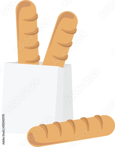 Simple flat vector illustration of fresh French baguette bread in a white paper bag. Perfect for food design, bakery branding, grocery ads, menu templates, and packaging elements.