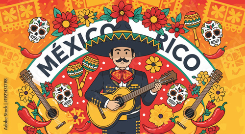 Mexican Mariachi Musician Playing Guitar Surrounded by Festive Symbols