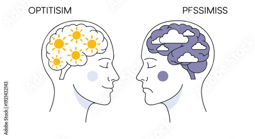 Human Heads Illustrating 'OPTITISM' and 'PFSSIMISS' Mindsets with Sun and Cloud Brains isolated PNG with Transparent Background