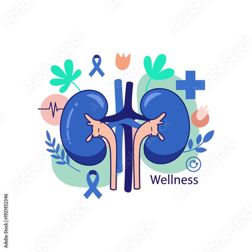 Illustration of healthy kidneys with medical symbols and floral elements, representing kidney wellness and healthcare.