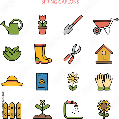 Colorful spring gardening and garden tool icon set