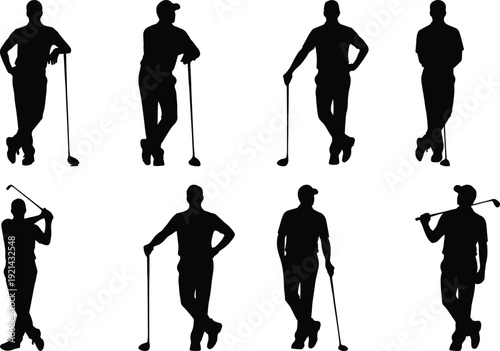 Silhouettes of golfers demonstrating various swings and poses on a course.