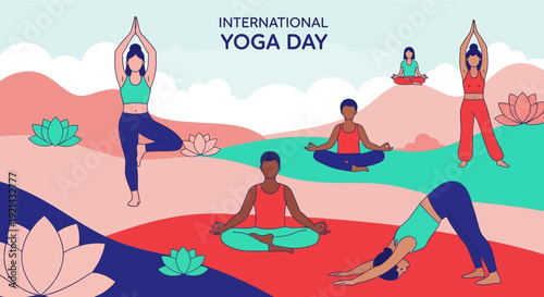 Illustration of people practicing yoga poses outdoors on International Yoga Day with a serene landscape background.