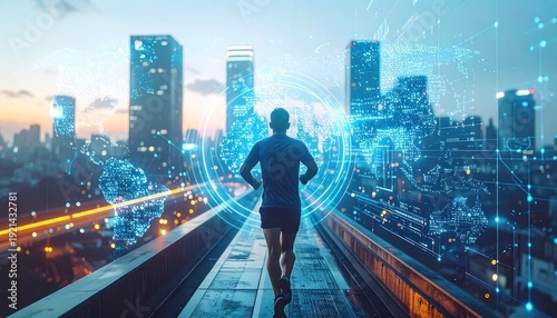 A lone runner moves along a futuristic pathway overlooking a city skyline infused with glowing global digital network data at sunset.